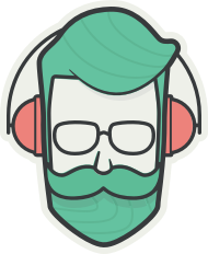 Logo Hipster, desenho de homem de cabelo verde, fone de ouvidos e óculos